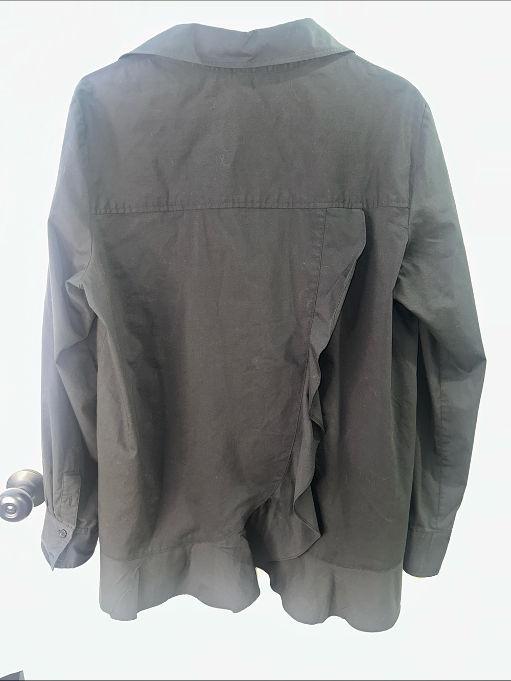 Finley Black Button-Down Blouse Open Back Ruffle Size L Designer Cotton - Picture 3 of 4
